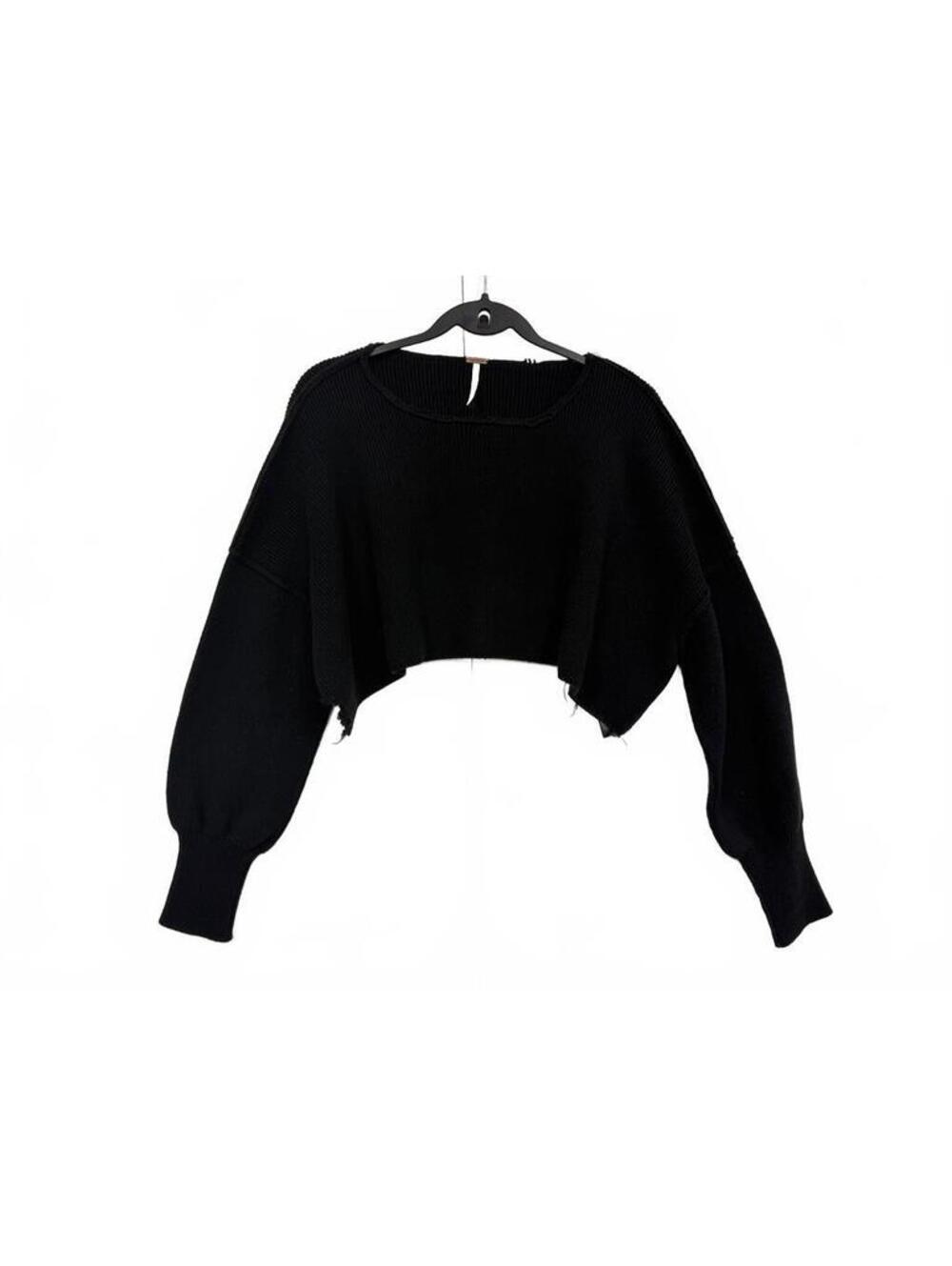 Free People Black Cropped Sweater M Raw Hem Distressed Oversized Pullover